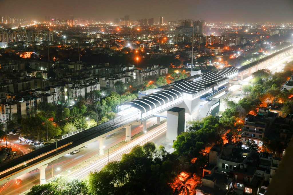 Aerial image of the lights of delhi and the metro station